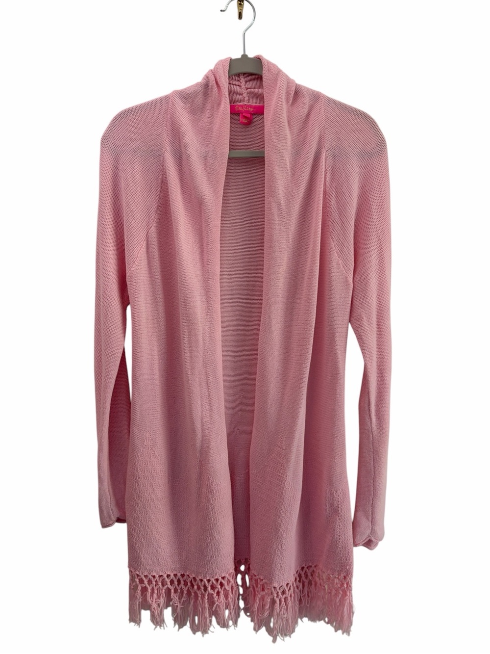 Lilly Pulitzer Tatum 100% Cotton Pink Fringe Hem Open-Front Cardigan Size Large